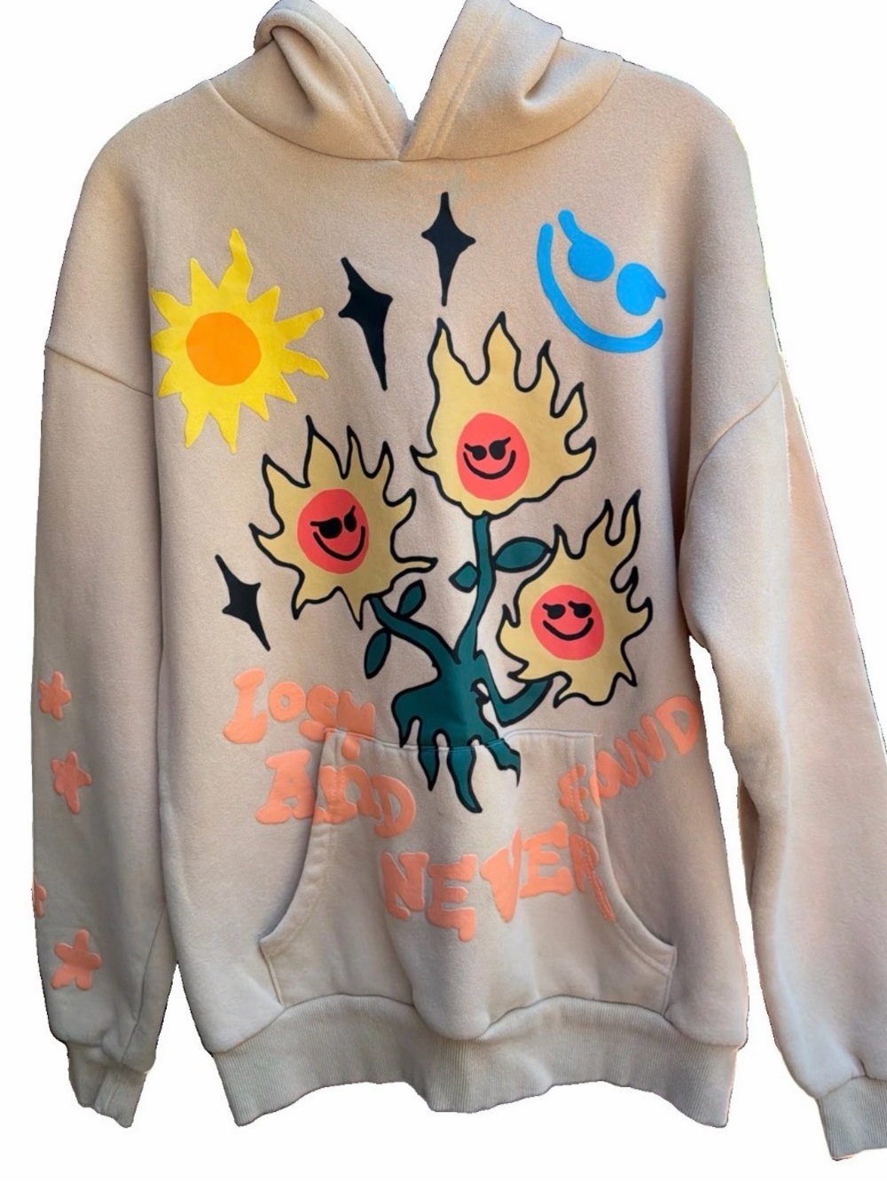 PacSun Hoodie Mens Small Beige Fleece Lost And Never Found